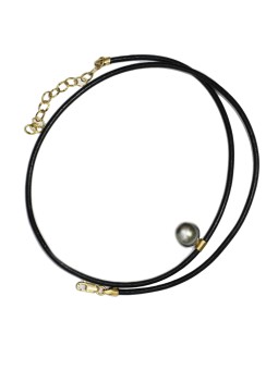 Collier cuir noir et pendentif ovale or plaqué 9-12mm AAA