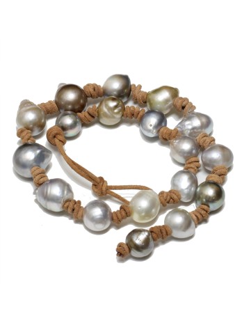 Collier de perles baroques 13-17mm élégantes sur cordon en cuir/daim - Qualité AAA