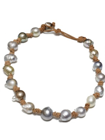 Collier de perles baroques 13-17mm élégantes sur cordon en cuir/daim - Qualité AAA