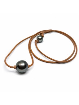 Collier cuir marron perle 14mm AAA -1