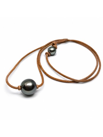 Collier cuir marron perle 14mm AAA -1