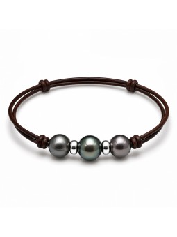 Bracelet cuir marron 3 perles Moea Perles - 1