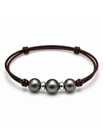Bracelet cuir marron 3 perles Moea Perles - 1