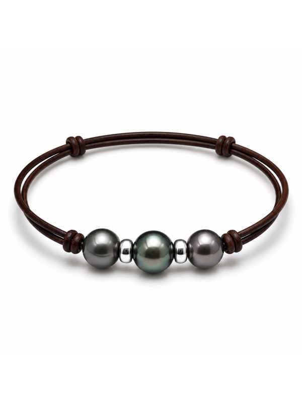 Bracelet cuir marron 3 perles Moea Perles - 1