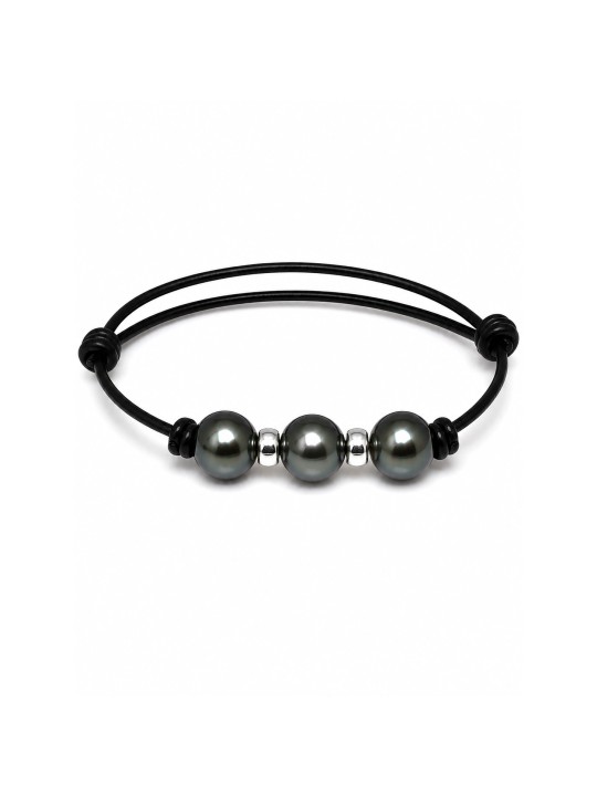 Bracelet cuir noir 3 perles Moea Perles - 1