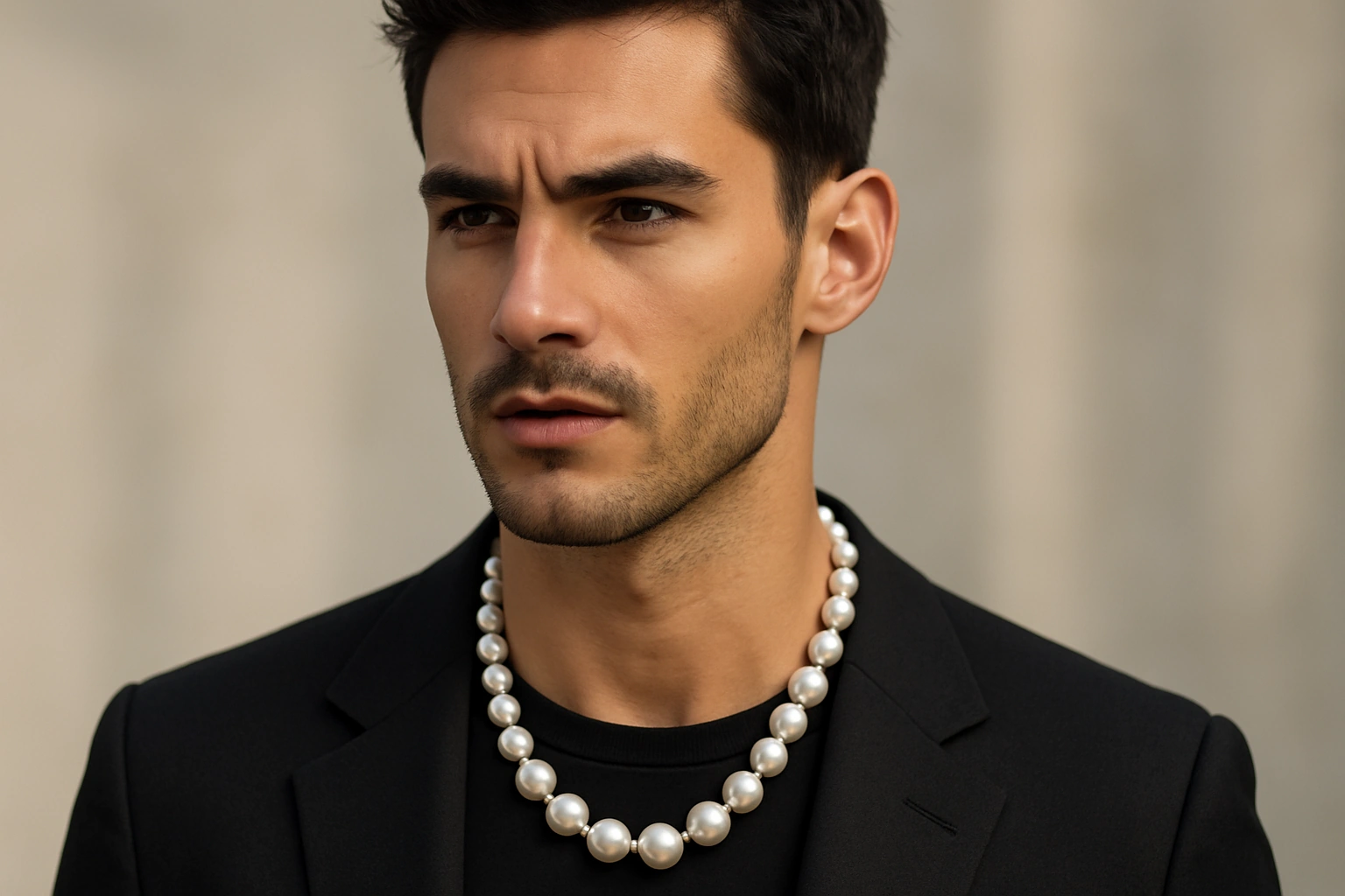 Homme avec un collier de perles de culture