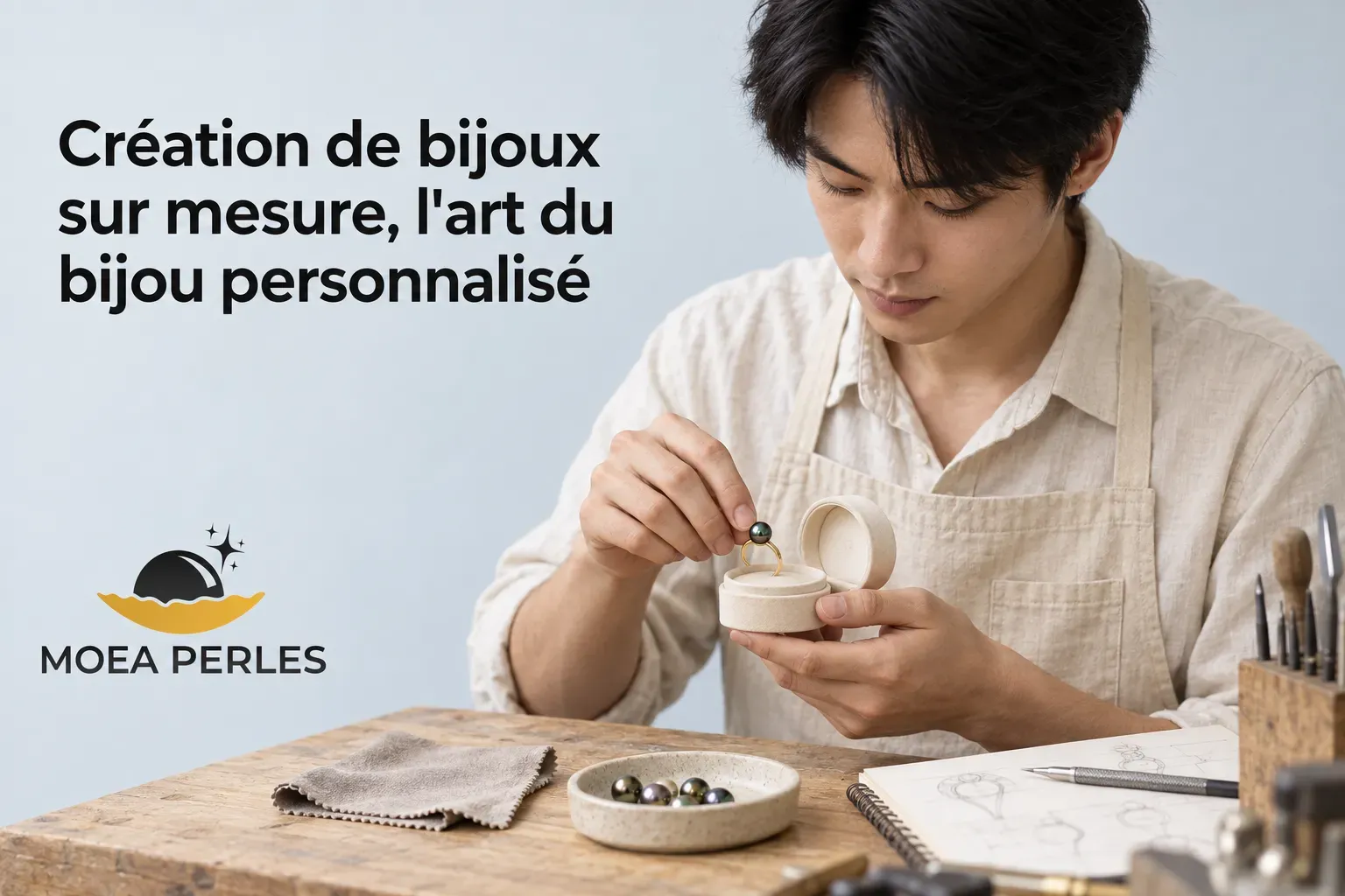 Un artisan en chemise claire et tablier travaille sur une création de bijoux sur mesure, tenant une bague en métal et ajustant