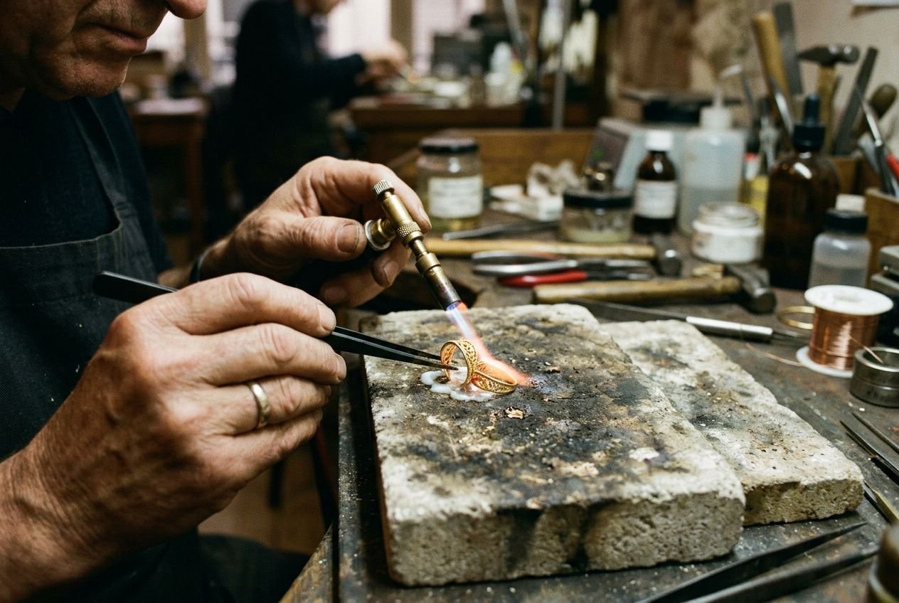 Artisan utilisant une flamme pour fondre et sertir un bijou sur une surface de travail, entouré d’outils de joaillerie. Étapes de fabrication d'un bijou.