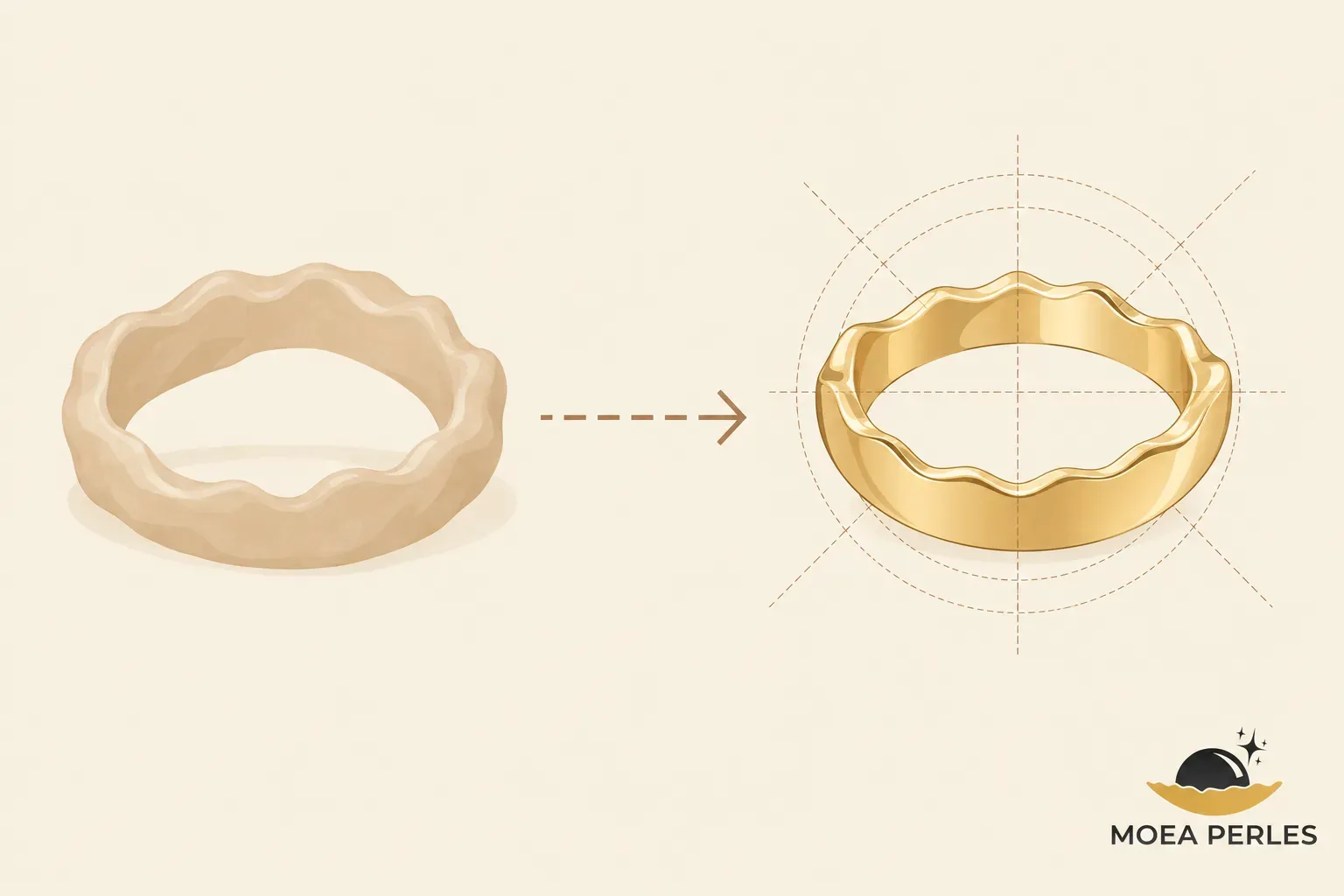 Bague en cours de transformation vers une version dorée détaillée avec outils de géométrie autour.