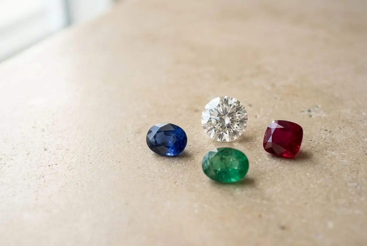 Bague de fiançailles : éclats de diamants et pierres précieuses colorées sur une surface beige, en lien avec tout savoir sur la bague de fiançailles histoire styles savoir faire et conseils