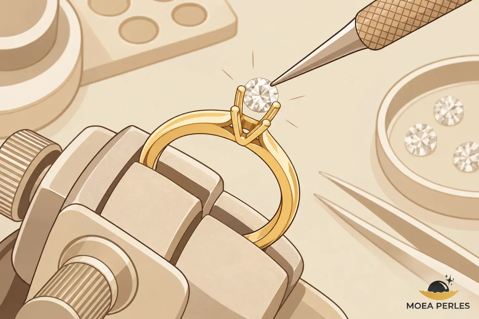 Une bague en or sur un support de bijouterie avec un diamant posé par un outil de sertissage.