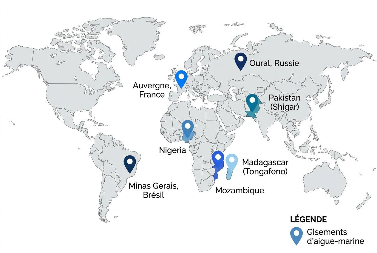 Carte montrant les gisements d'aigue-marine répartis autour du monde, avec des marqueurs bleus sur l’Oural, l’Afrique et l’océan Indien.