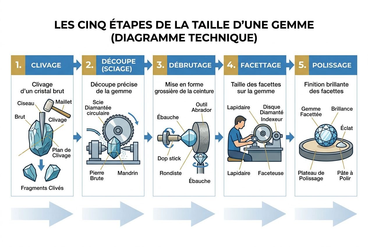 Les cinq étapes de la taille d’une gemme: du clivage au polissage, montrant clairement le travail du lapidaire et les détails techniques.