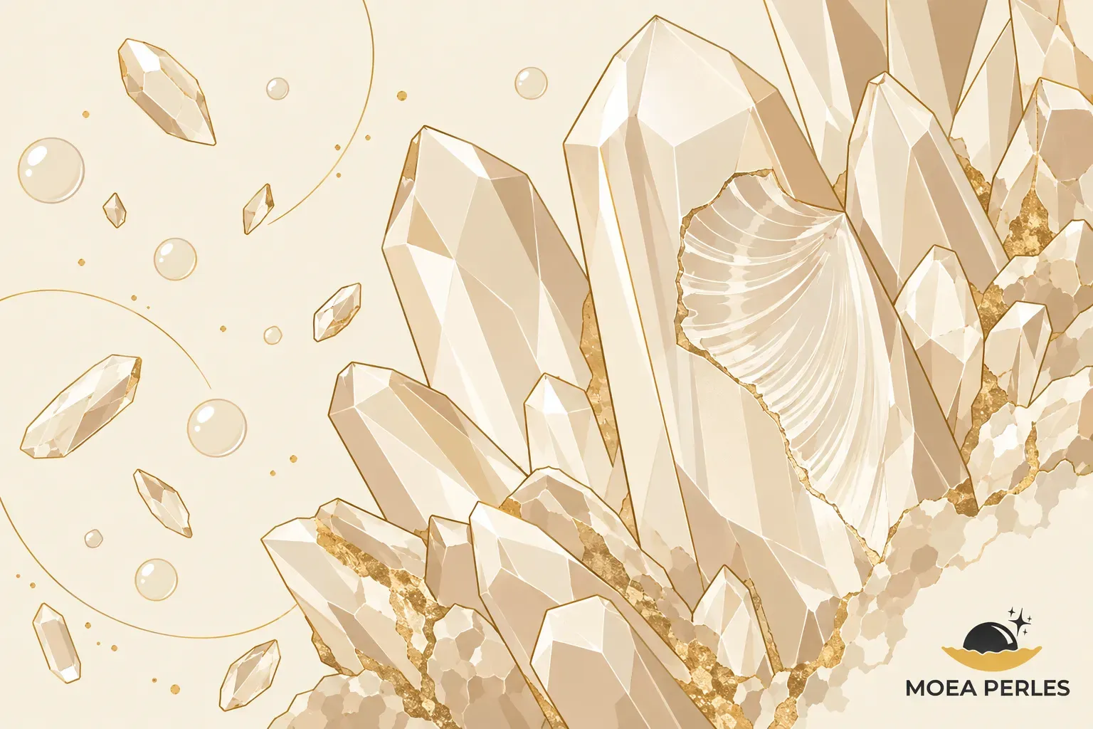 Clusteres de quartz transparents et nacrés formant une grande géode à facettes dans des tons crème et beige.