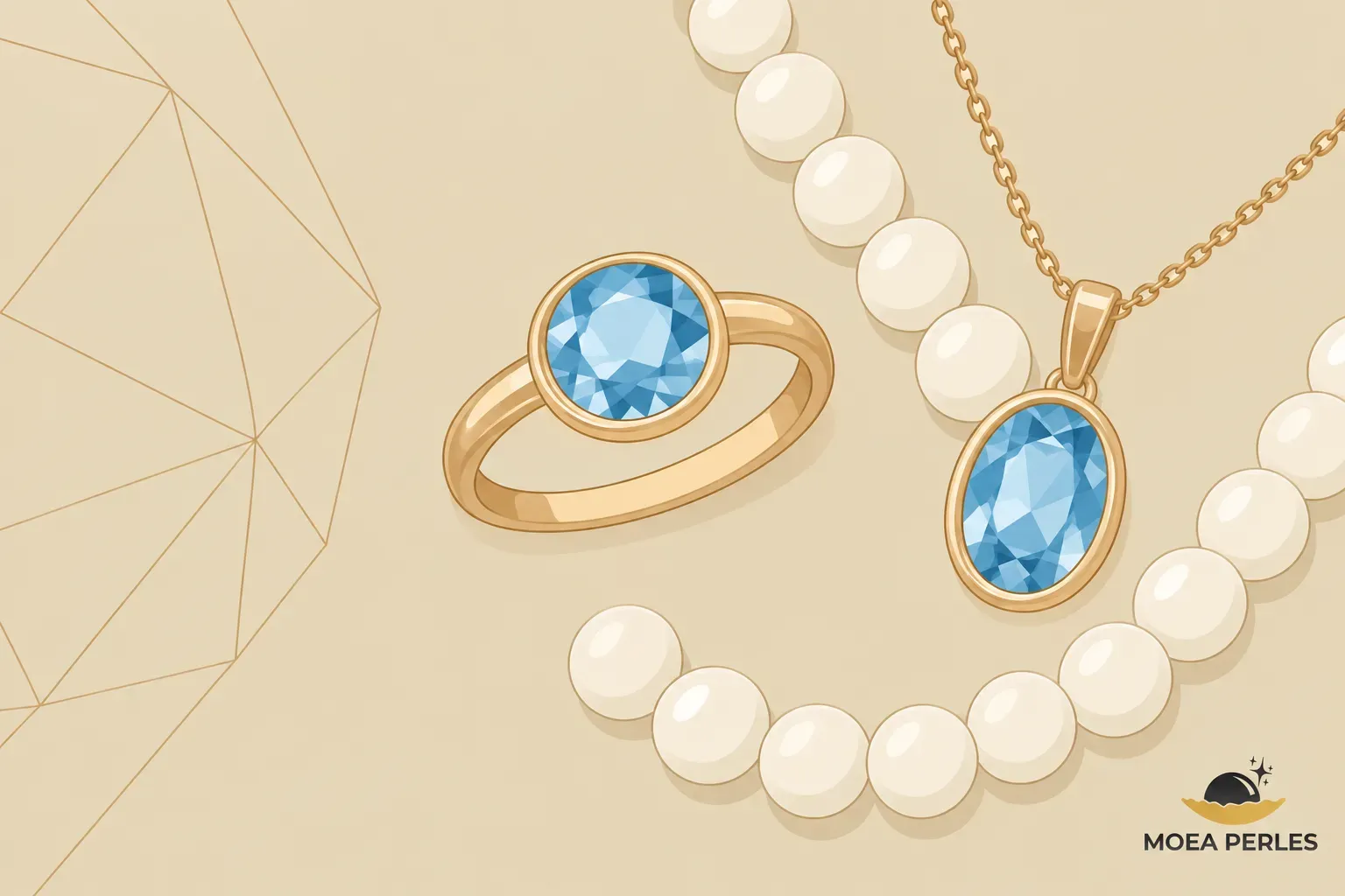 Collier et bague ornés de pierres topaze bleue entourées de perles sur fond clair.