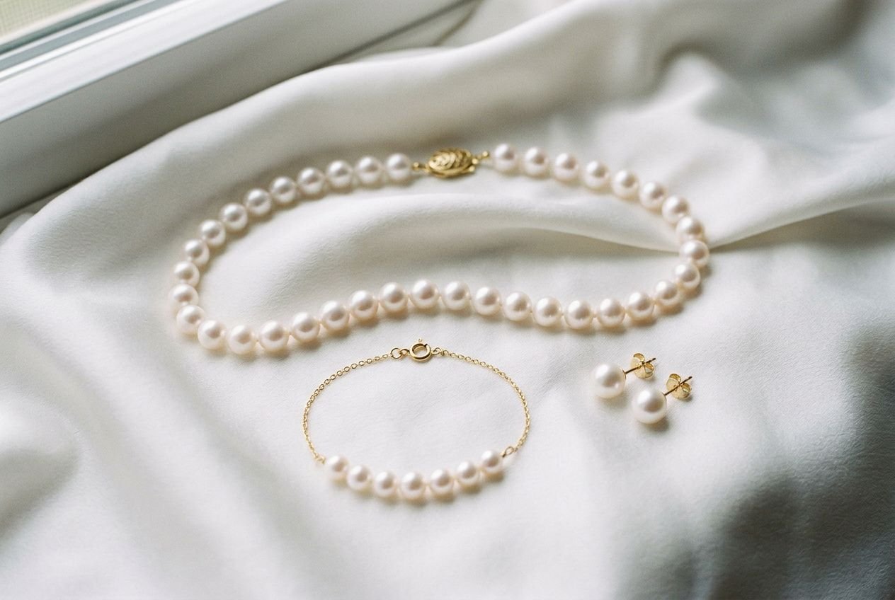 Collier, bracelet et boucles d’oreilles en perles blanches sur satin, avec fermoirs dorés. différence entre perles hanadama et akoya intégrée délicatement.