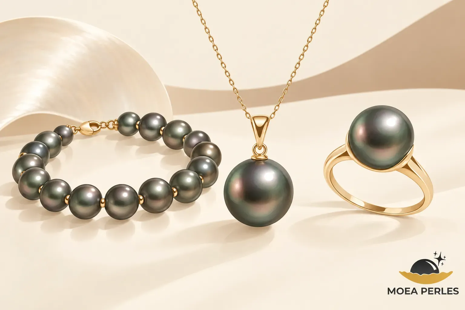 Collier et pendentif et bracelet en perles de Tahiti Noires ou gris-vert avec monture dorée, présentés sur fond clair.