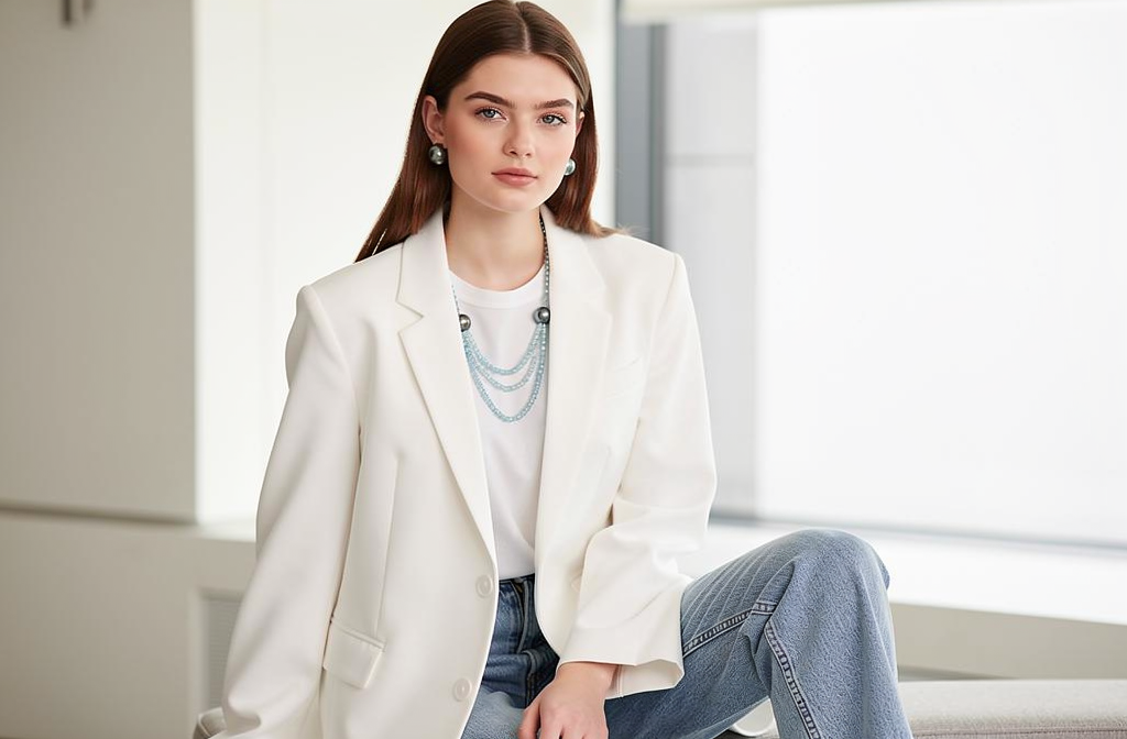 Collier perle de Tahiti et aigue-marine porté sur un blazer blanc oversize pour un look tendance 2025.