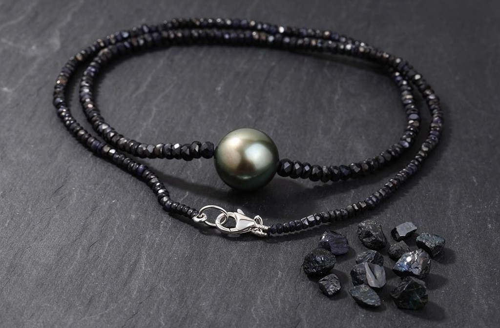 Collier en saphirs noirs et perle de Tahiti posé sur une ardoise avec des saphirs bruts.