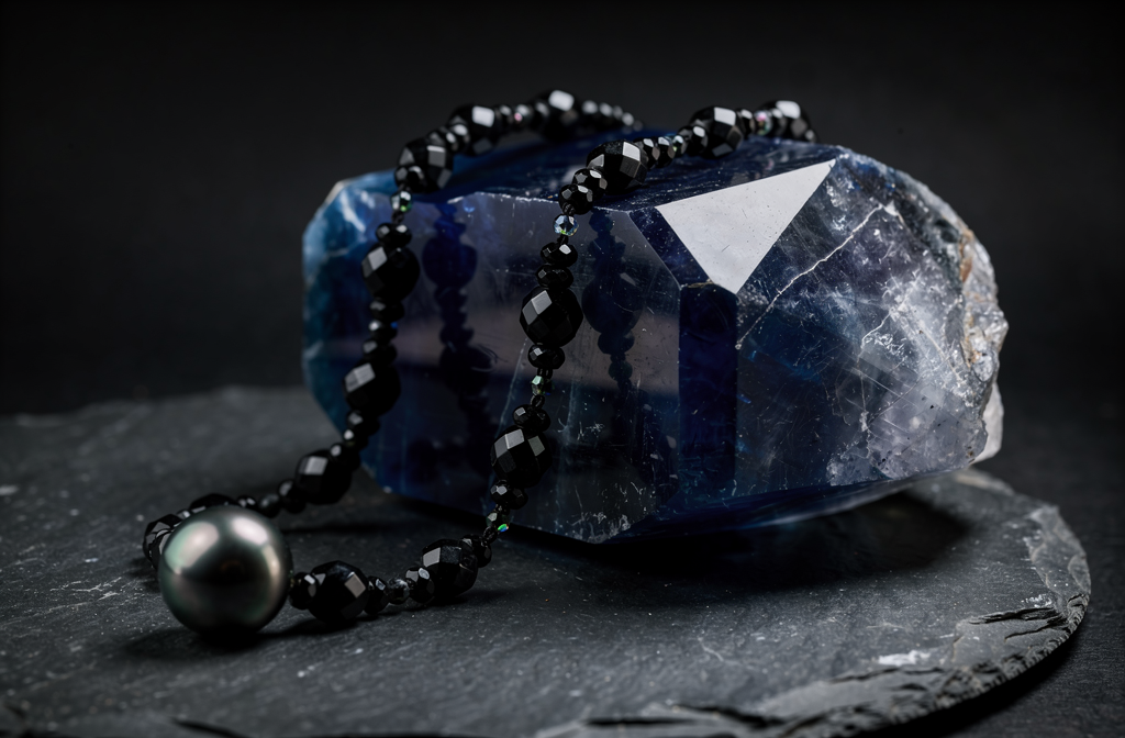 Collier en saphirs noirs et perle de Tahiti posé sur un cristal de saphir brut sur ardoise sombre.