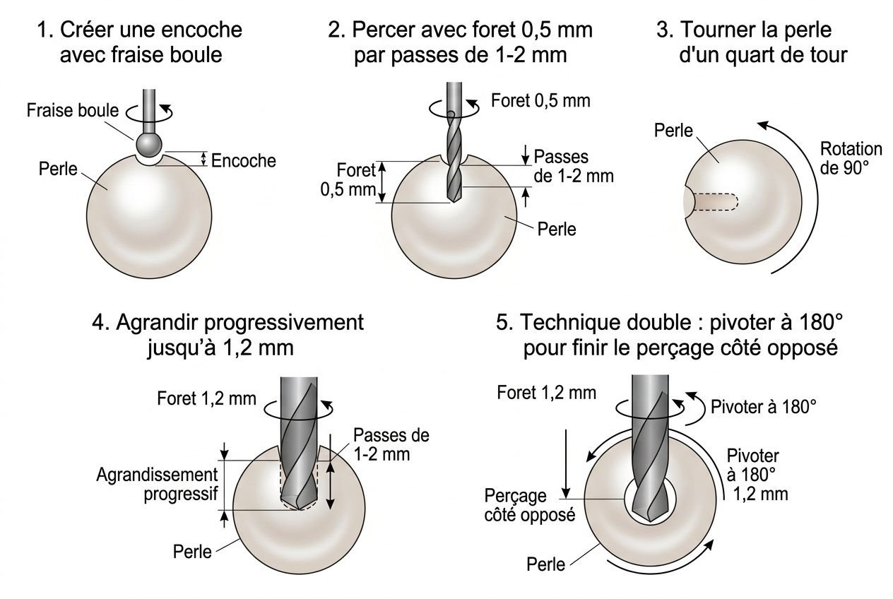 Comment percer une perle de culture ? Démonstration graphique en 5 étapes: krv encoche, foret 0,5 mm, rotation, agrandissement progressif et pivotage pour perçage côté opposé.