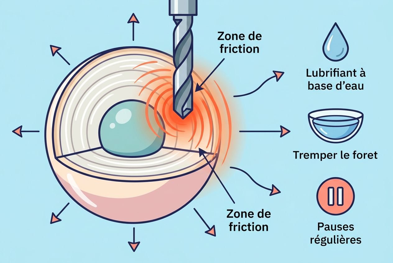 Comment percer une perle de culture ? Diagramme montrant le perçage d’une perle avec foret et zones de friction, lubrifiant et pauses régulières.
