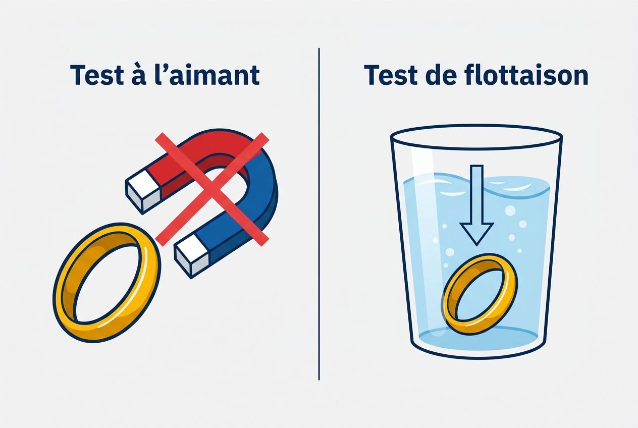 Comment savoir si un bijou est en or: illustration montrant test à l’aimant et test de flottation pour vérifier l’or véritable.