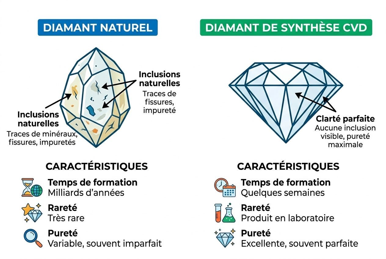 Comparaison diamant synthétique et naturel
