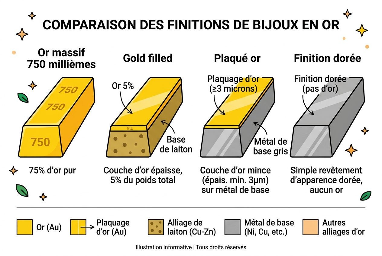 Comparaison des finitions de bijoux en or: blocs illustrant 750 millièmes, gold filled et plaqué or, avec légendes et codes couleur.