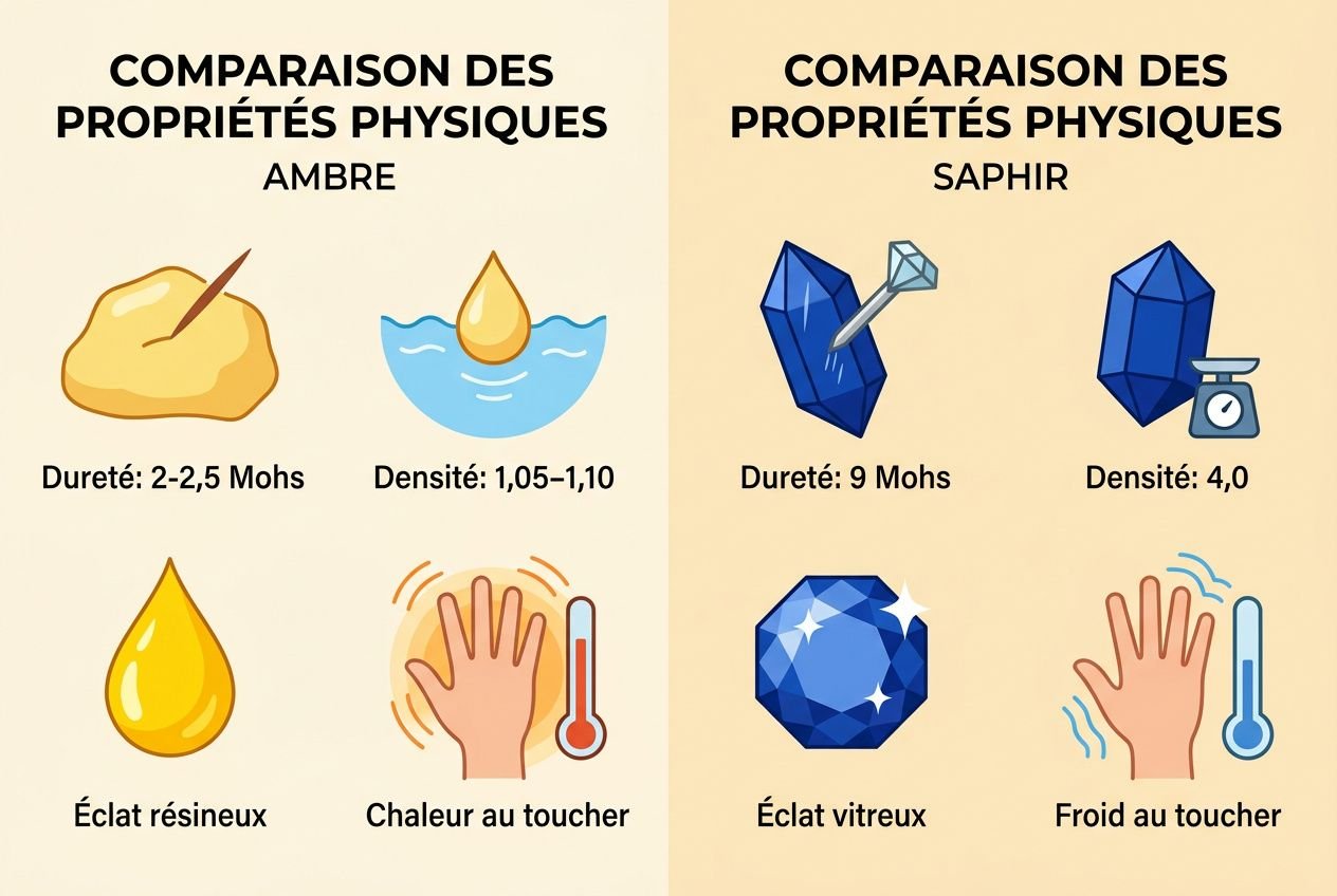 Comparaison des propriétés physiques de l’ambre et des caractéristiques: dureté 2–2,5 Mohs, densité 1,05–1,10, éclat résineux, chaleur au toucher, gemme comme ambre jaune. Avec mention subtile: qu'est ce que l'ambre.