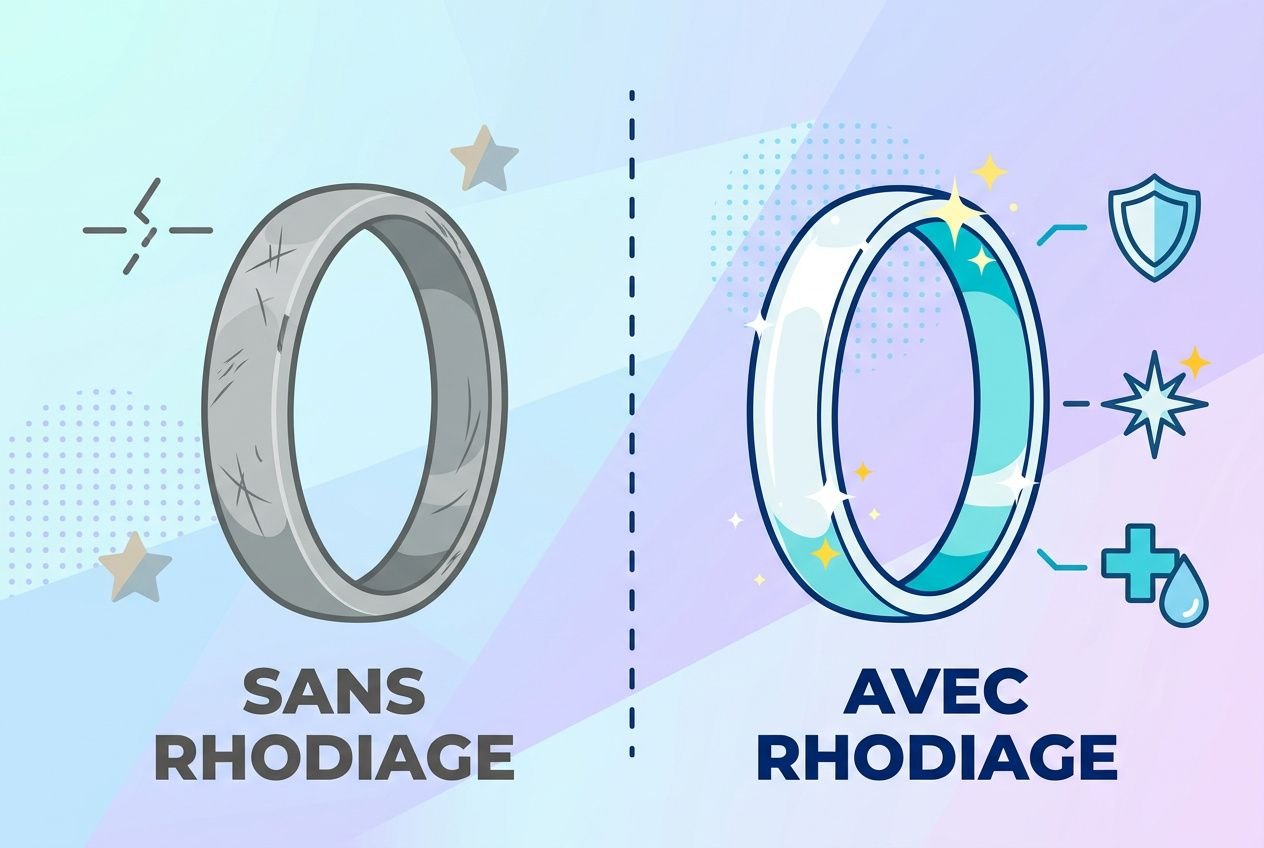 Comparatif visuel: anneau sans rhodiage à gauche et anneau avec rhodiage en joaillerie à droite.