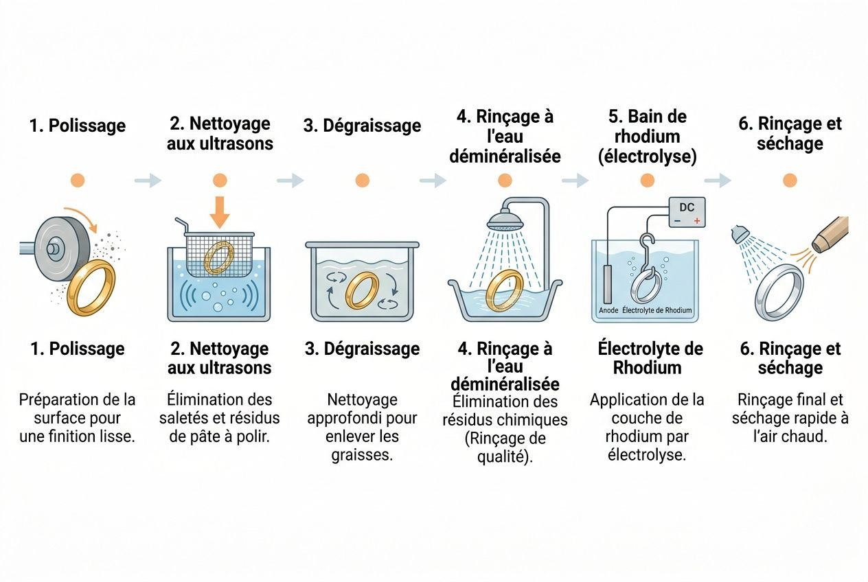 Comprendre le rhodiage en joaillerie: procédé illustré montrant polissage, nettoyage, dégraissage et rinçage, puis bain de rhodium et rinçage final.