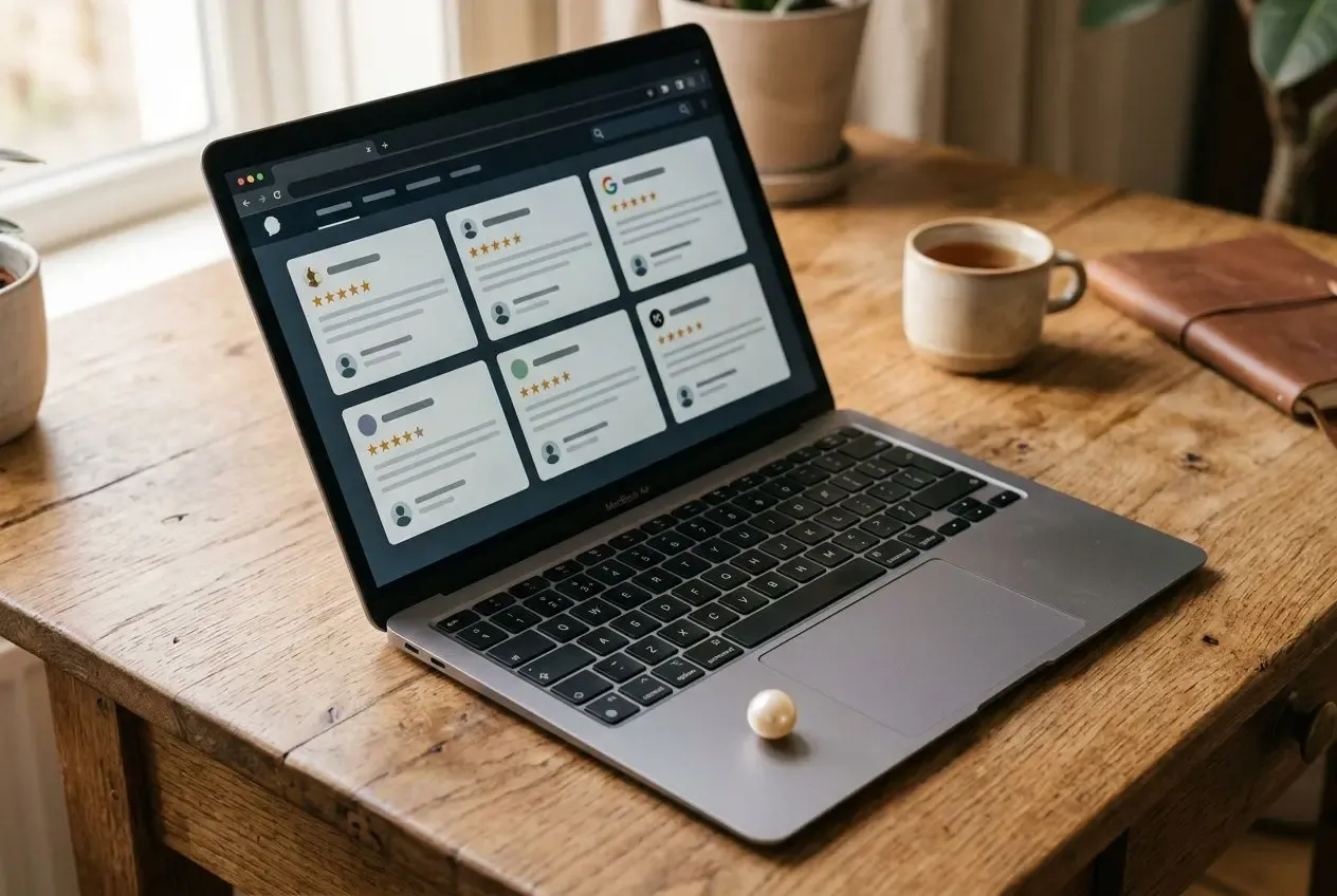 Consultation d’avis en ligne sur un ordinateur portable, démontrant l’achat de bijoux en ligne en toute confiance.