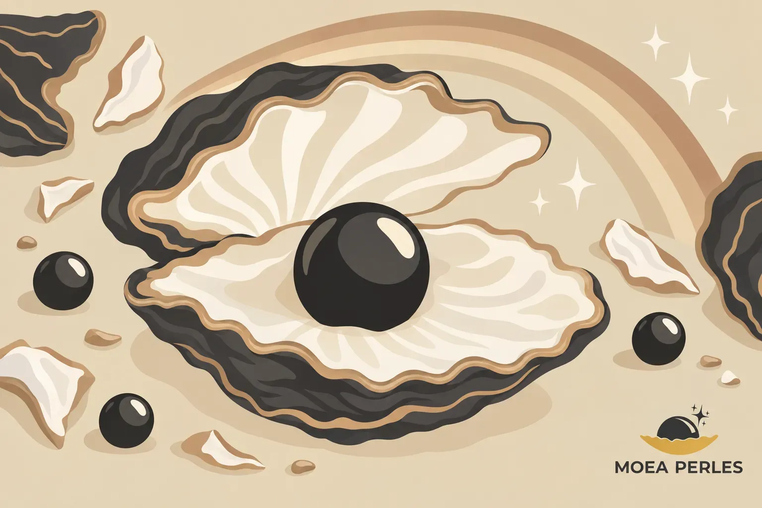 Coquillage ouvert avec une perle noire brillante au centre et des éclats de coquillages autour.