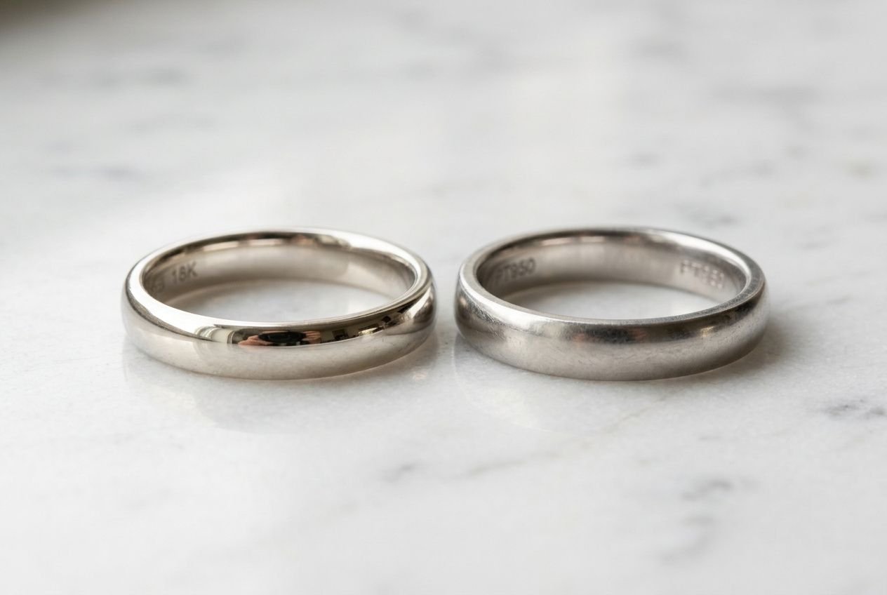 Deux alliances en platine et en or blanc côte à côte sur une surface claire, symbolisant leur différence et usage.