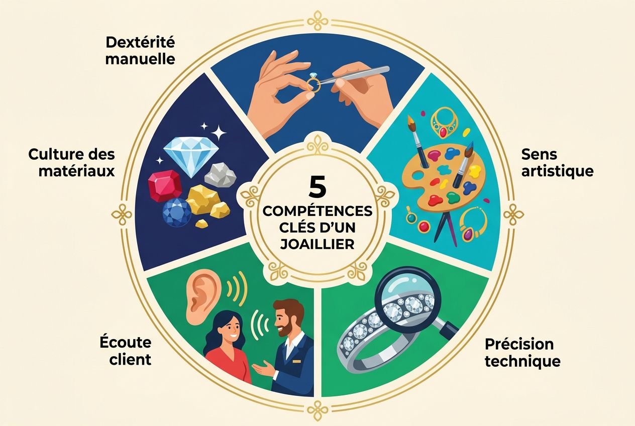 Diagramme circulaire illustrant les 5 compétences clés du joaillier: dactylographie manuelle, culture des matériaux, écoute client, sens artistique, précision technique, avec bague et outils.