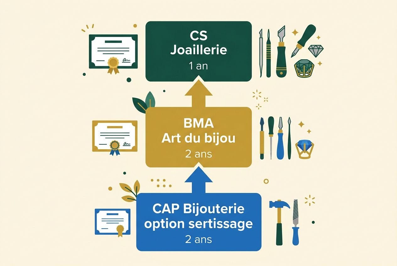 Diagramme coloré montrant les parcours éducatifs vers le métier de sertisseur en joaillerie, avec des flèches reliant CAP Bijouterie, BMA Art du bijou et CS Joaillerie.