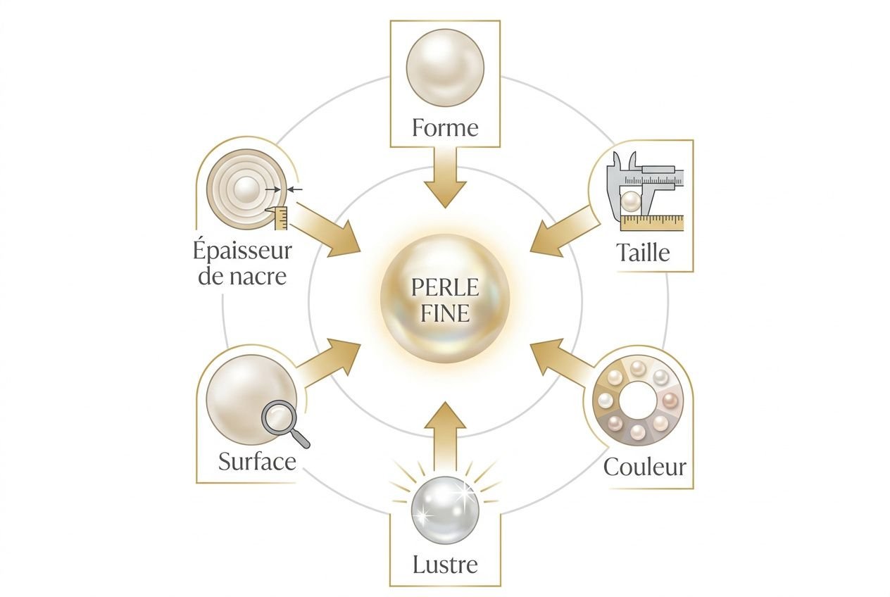 Diagramme expliquant les éléments d’une perle fine: forme, taille, couleur, lustre, surface et épaisseur de nacre autour d’une perle centrale “PERLE FINE”.