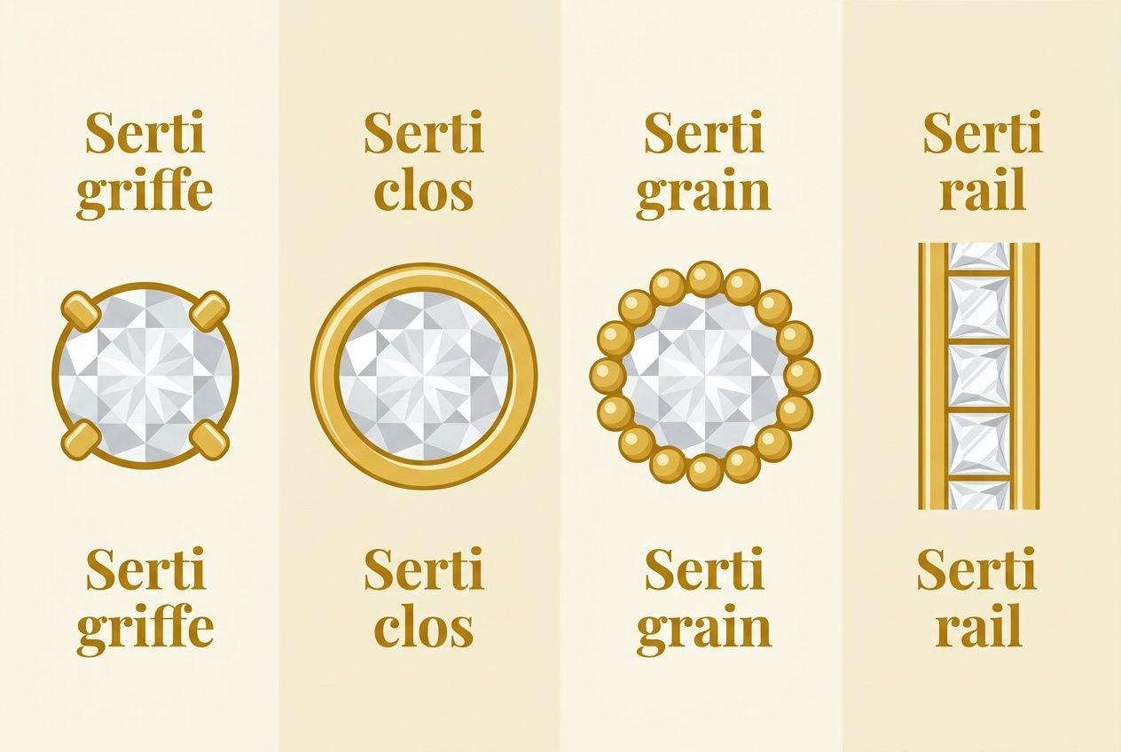 Diagramme illustrant les étapes de fabrication d un bijou: serti-griffe, serti clos, serti grain et serti rail.