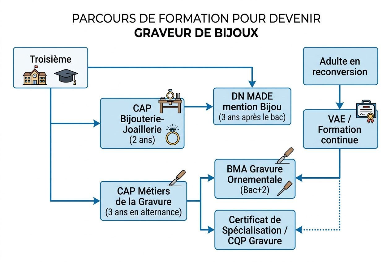 Diagramme illustrant le parcours de formation pour devenir graveur de bijoux, avec CAP Bijouterie-Jaillerie, CAP Métiers de la Gravure et spécialisations BMA/CQP Gravure dans le secteur de la joaillerie.