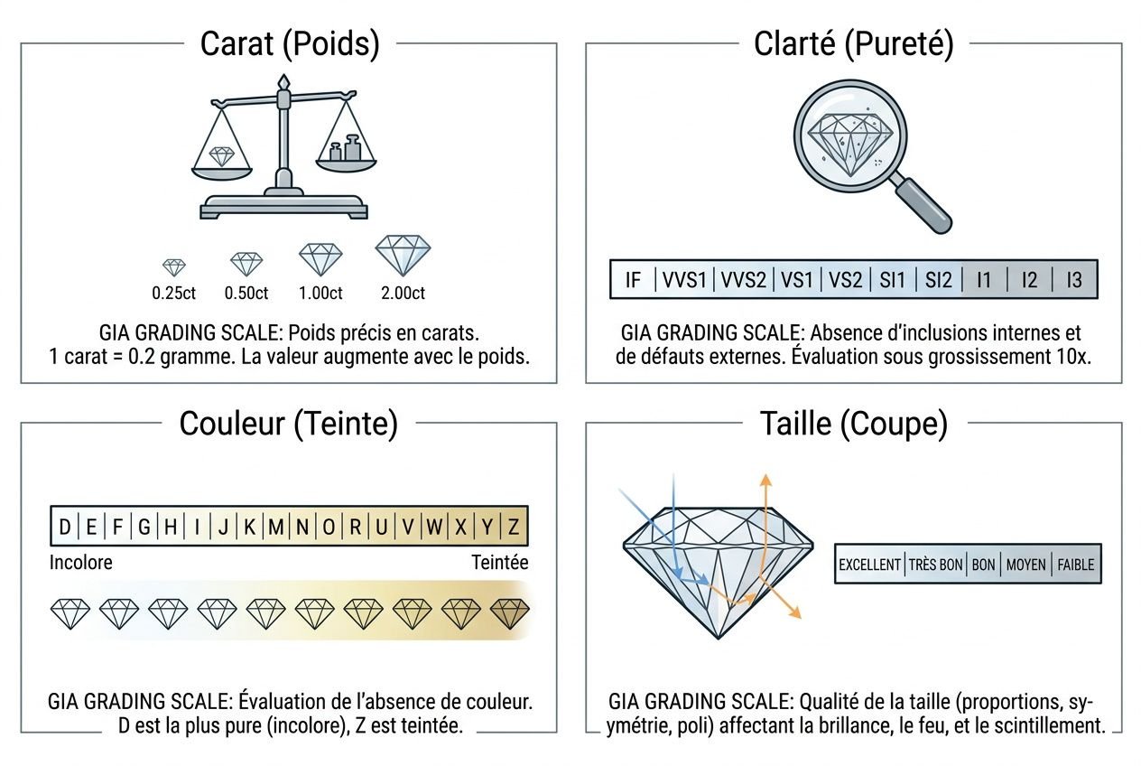 Diagramme illustrant les qualités d’un diamant: carat, clarté, couleur et taille; le métier de diamantaire et lapidaire l expert en taille de pierres apparaît en contexte.