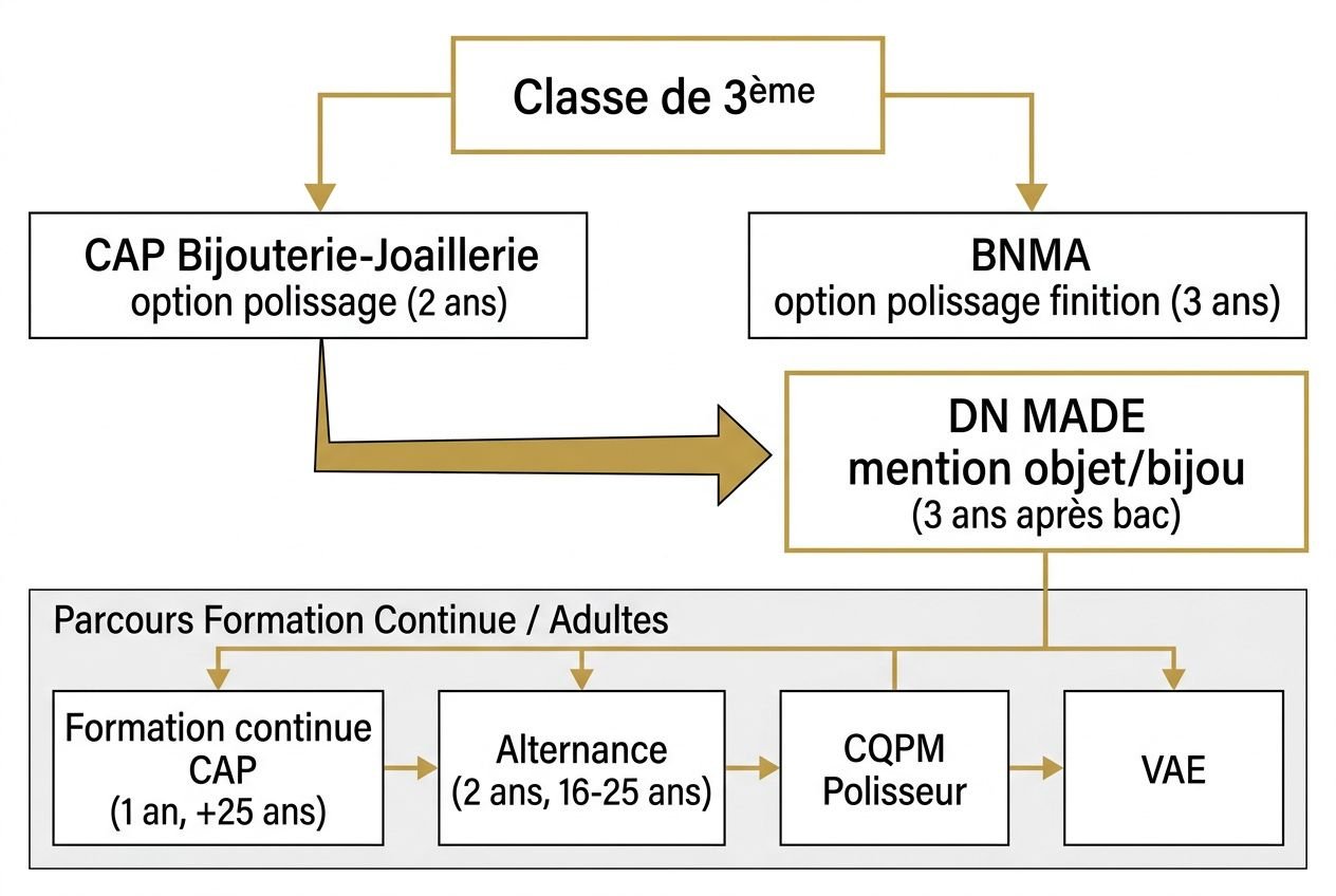 Diagramme de parcours formation en joaillerie: classes et voies vers DN MADE et métiers en joaillerie polisseur.