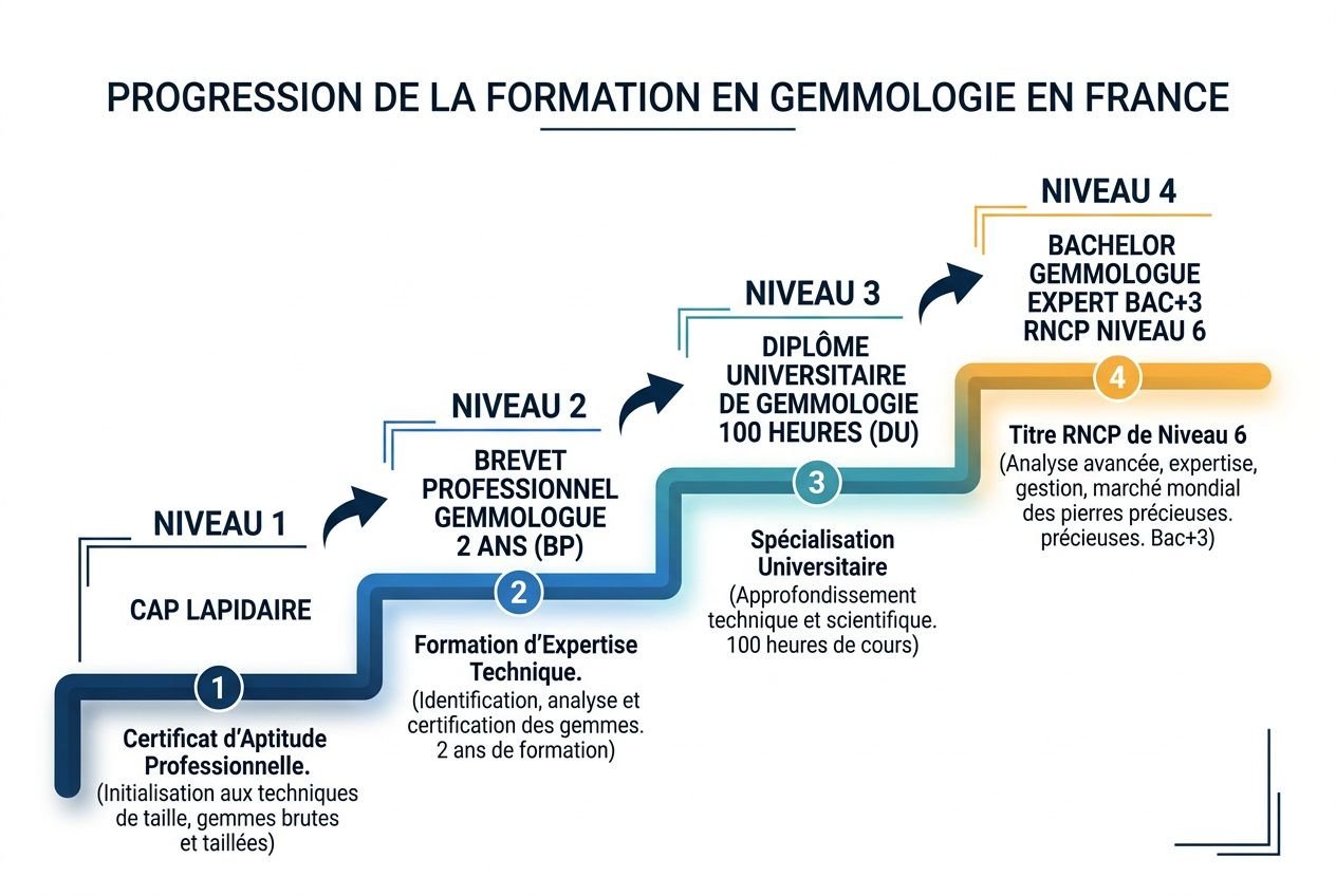 Diagramme de progression de la formation en gemmologie en France, montrant les niveaux allant du CAP Lapidaire au titre RNCP de Niveau 6, avec les étapes: certificat d’aptitude professionnelle, formation d’expertise technique, diplôme universitaire de gemmologie, spécialisation universitaire et bac +3, puis bachelier gemmologue expert et RNCP Niveau 6. Le tout est axé sur le métier de gemmologue expert des pierres précieuses et fines.