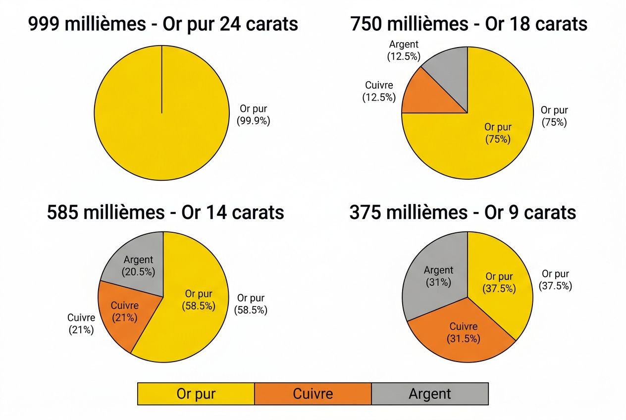 Diagrammes circulaires montrant la composition en millièmes d’or (999, 750, 585 et 375) avec portions d’or pur, cuivre et argent; légende couleur Or pur, Cuivre, Argent. Texte intégré: comprendre les millièmes de l'or.