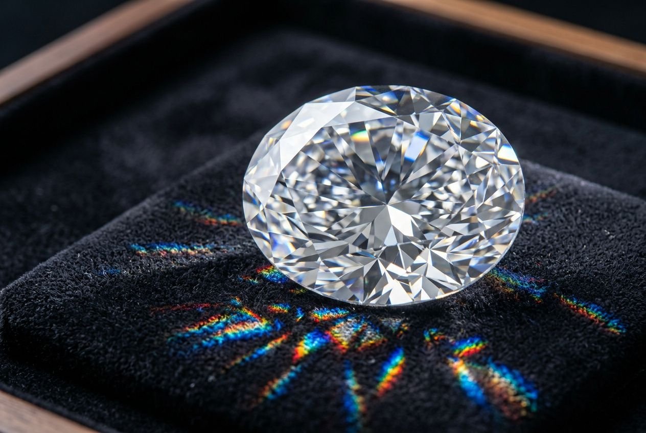Diamant brut exceptionnel posé sur un velours noir, reflétant la lumière avec des facettes scintillantes, prêt à être exposé. diamètre et éclat mis en valeur.