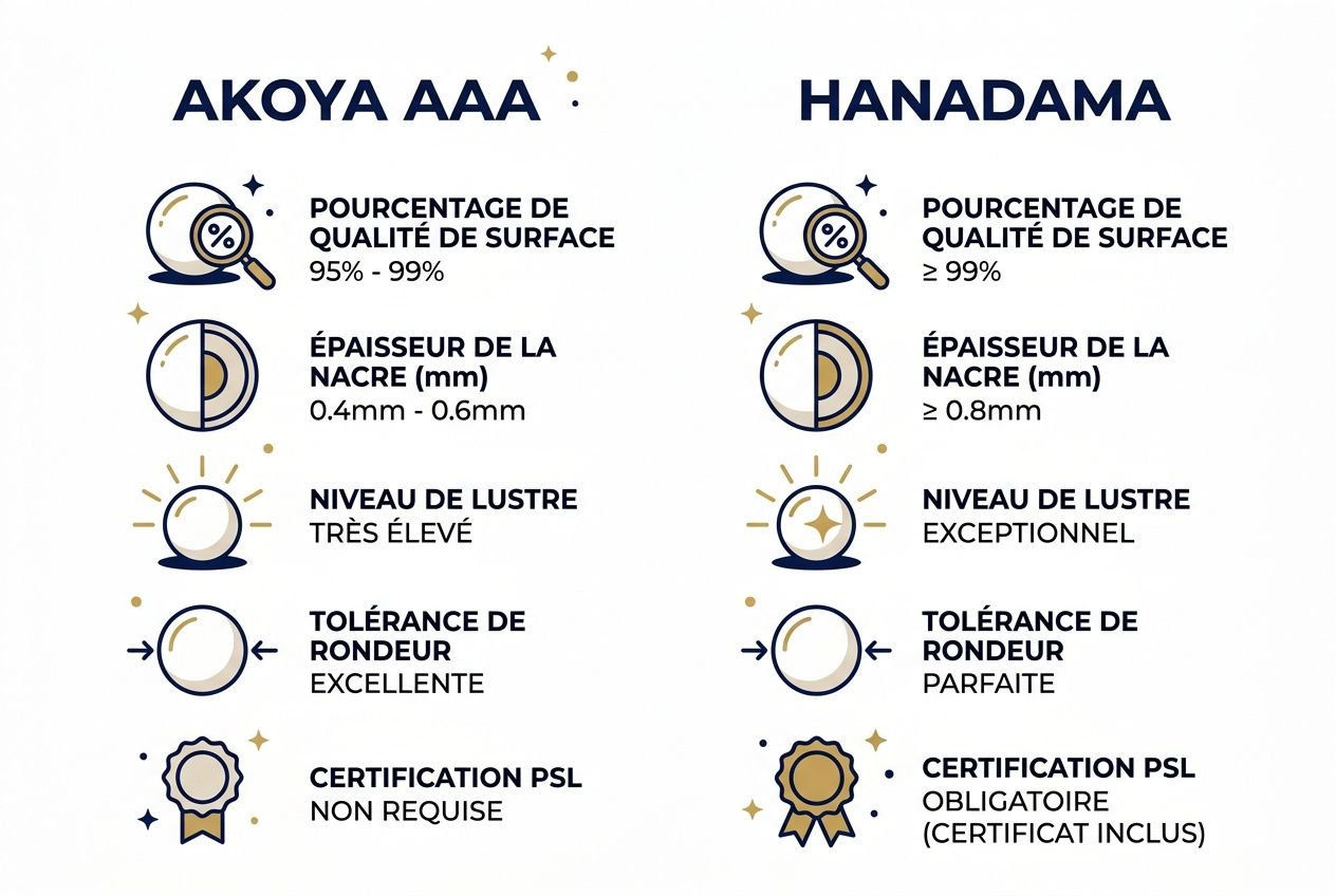 Différence entre perles hanadama et akoya: comparatif visuel des critères surface, épaisseur, lustre, tolérance et certification PSL incluant les deux colonnes.