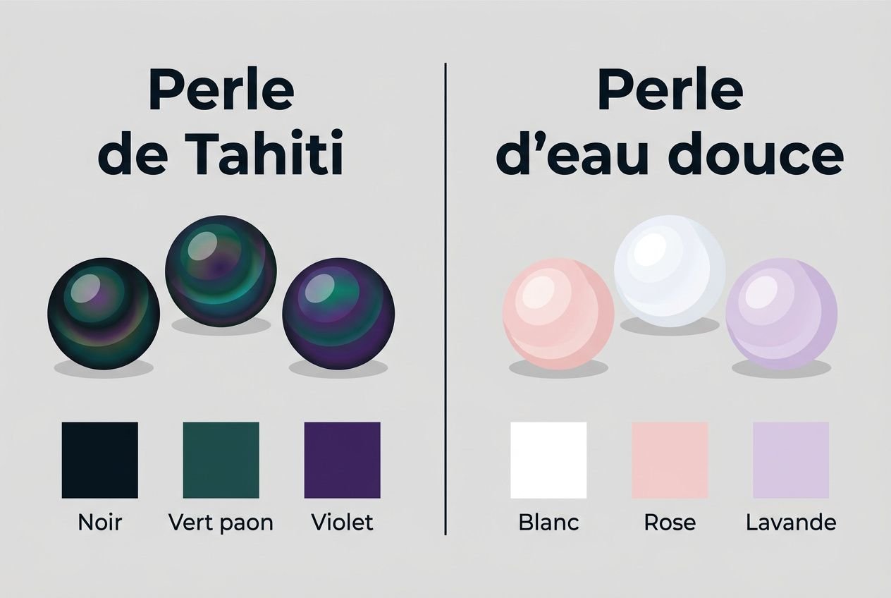 Différence entre perles de Tahiti et perles d'eau douce : illustration montrant des perles noires et colorées à gauche et des perles blanches et pastel à droite, avec échantillons de couleurs et noms de teintes.