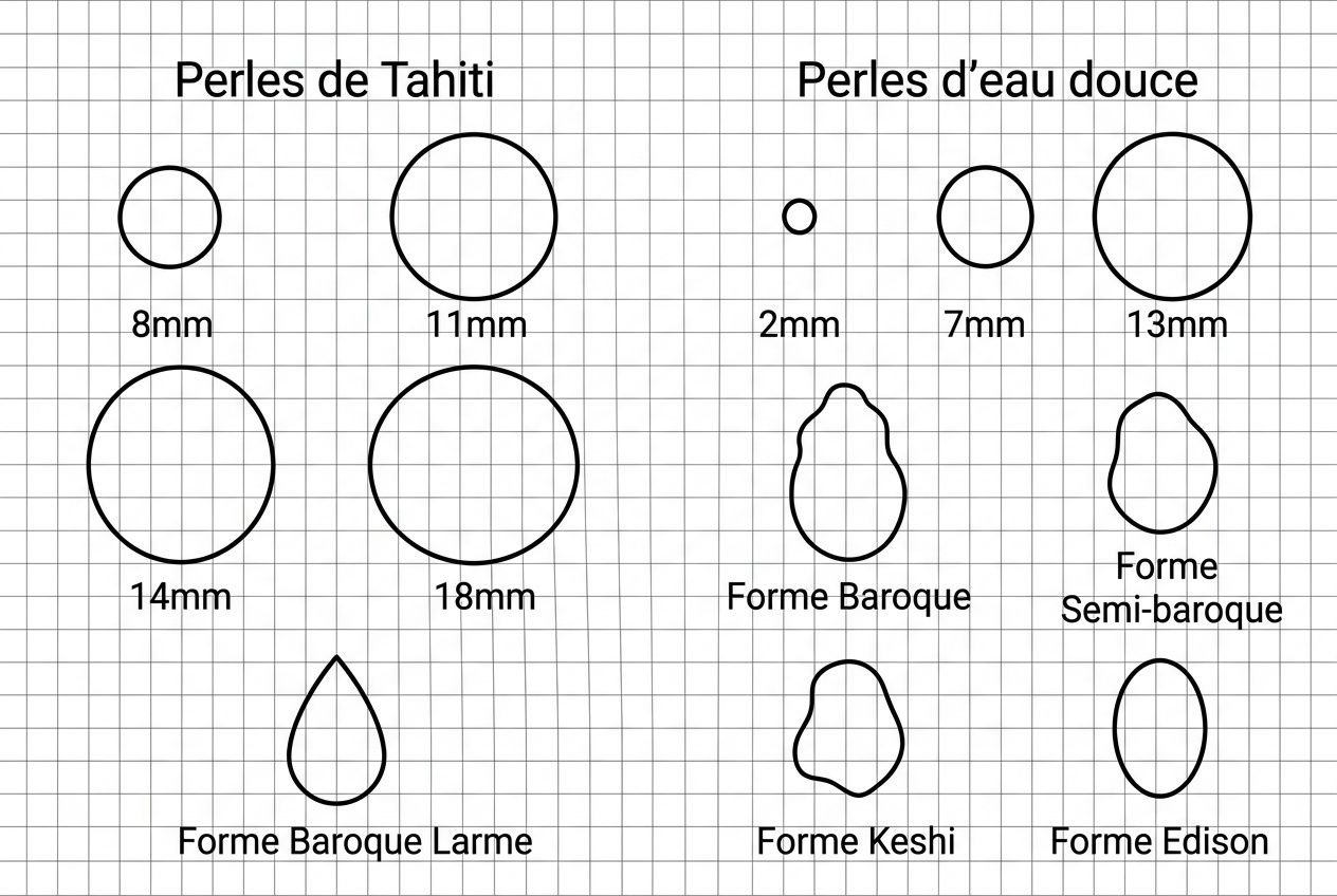 Différence entre perles de Tahiti et perles d'eau douce : diagramme montrant tailles (8–18 mm), formes rondes, baroques, et lobes Keshi/édison.