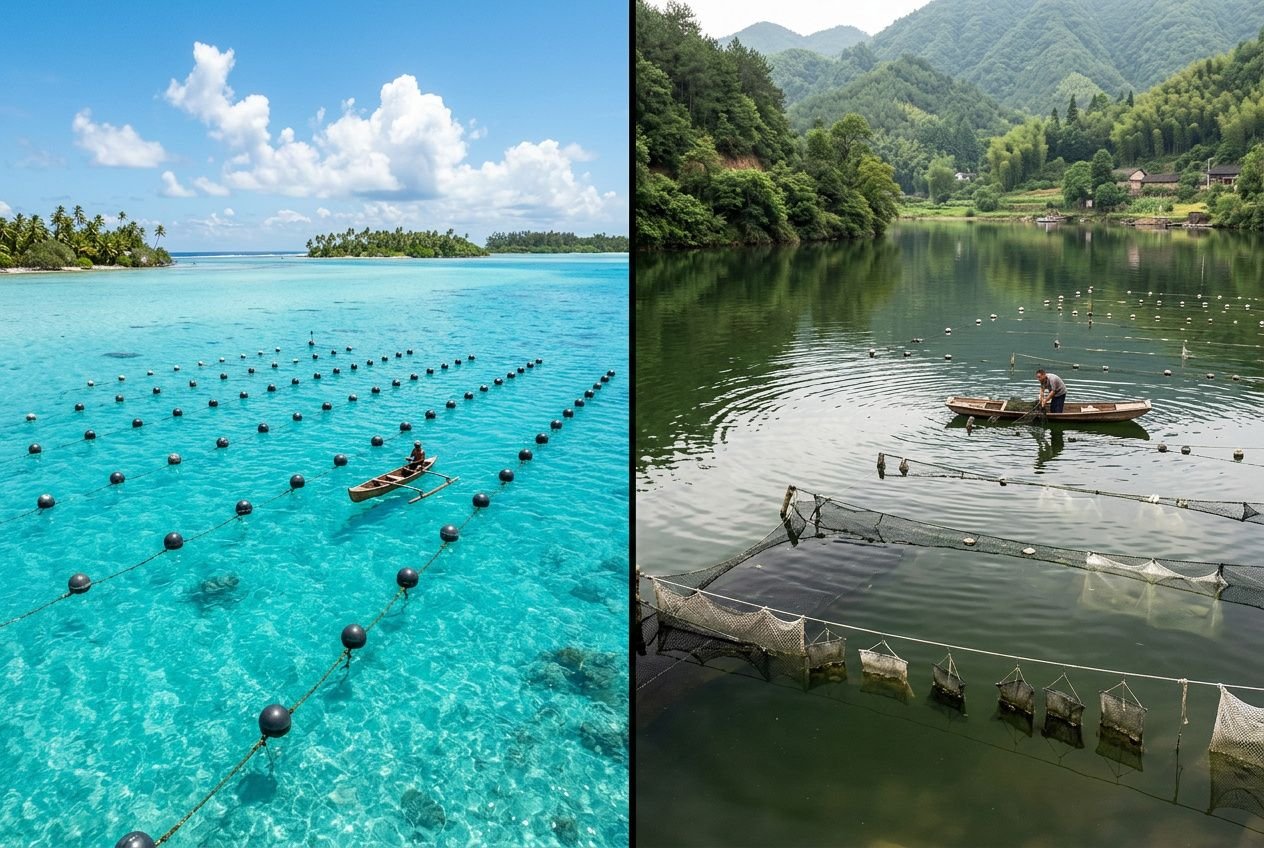Différence entre perles de Tahiti et perles d'eau douce : paysages marins et étangs d’élevage où l’on compare lustre et couleur des perles.