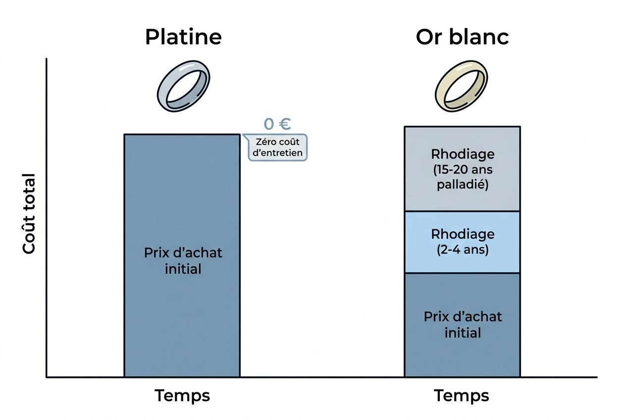 Différence entre platine et or blanc : coût total sur le temps avec barres illustrant achat initial et coûts d’entretien différents.